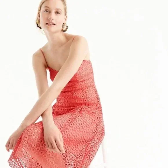 J.CREW Peach Coral Daisy Lace Spaghetti Strap Midi Dress - Size US 14 - Picture 2 of 16